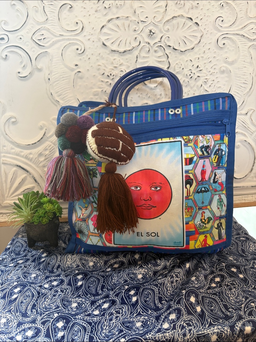 Blue Canvas Tote with Sun Motif and Tassel Charm